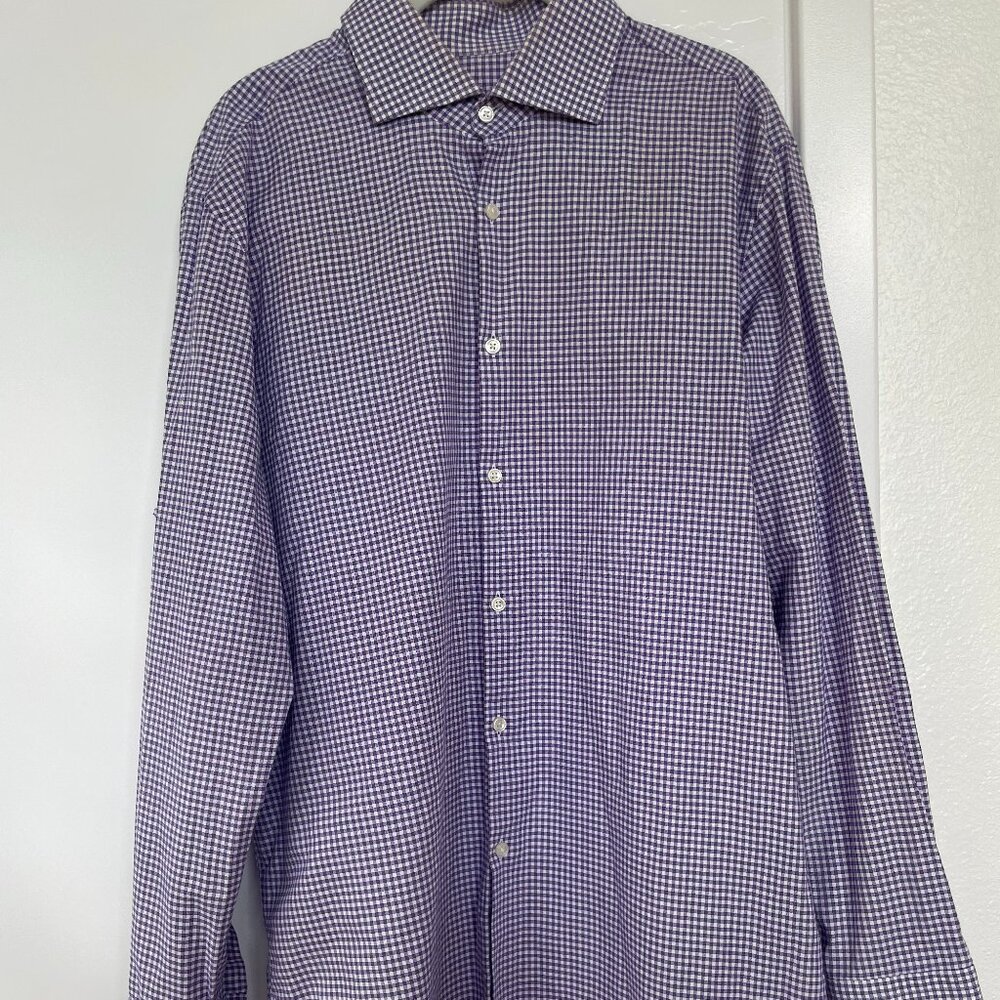 Boss Hugo Boss Sharp Fit Button-Down Purple Gingham Shirt, 34 /35, 17.5‎ in